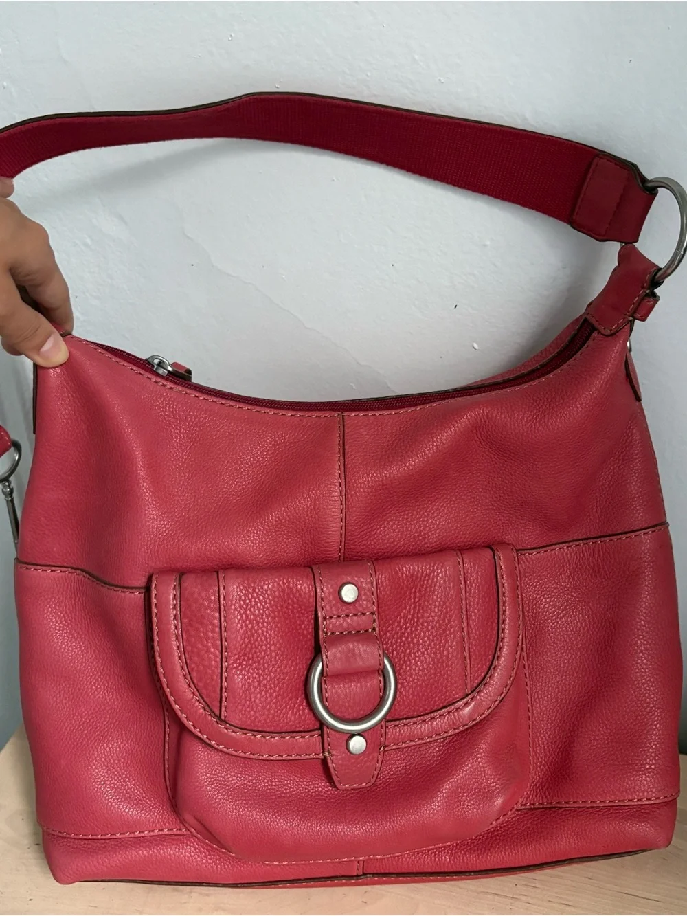 Fossil Salmon / Red Leather Slouchy Hobo Shoulder Bag